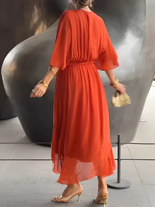 Timeless Elegant Wrap Front Georgette Chiffon Multiway Flex Draped Silhouette Midi Dress