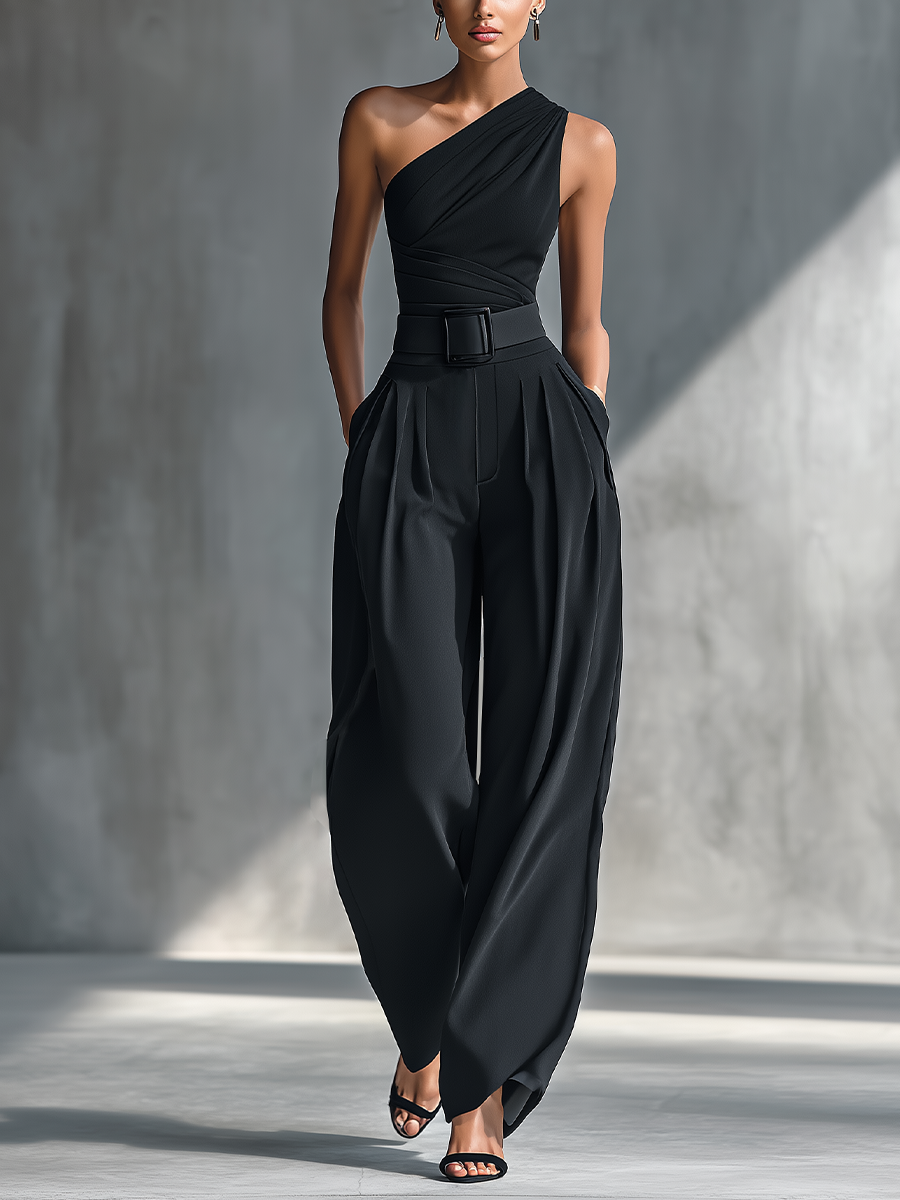 Stylish Black High-Elastic Knit Top With Comfortable Acetate Wide-Leg Pants Set