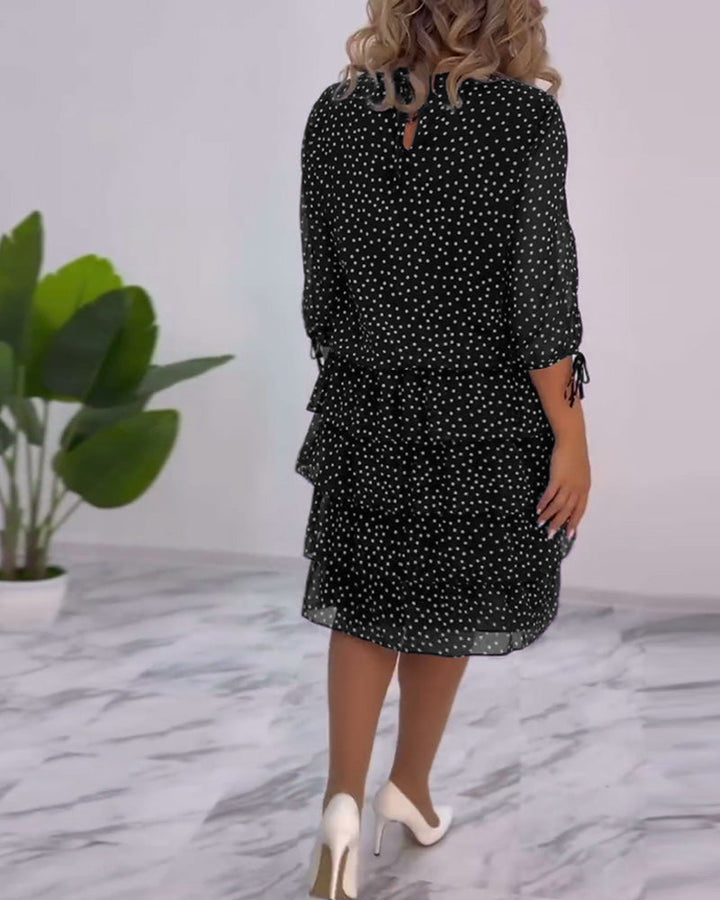 Women’s Polka Dot Chiffon Midi Dress – Navy White Tiered Elegant Three-Quarter Sleeve Dress