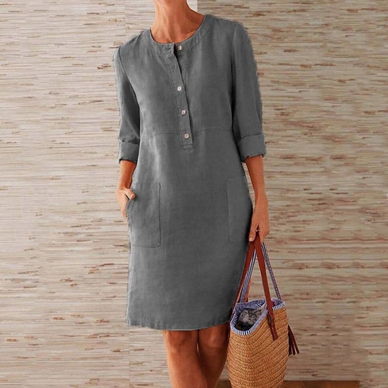 Women’s Cotton Linen Shift Dress – Button Front Knee Length Chic Dress with Pockets