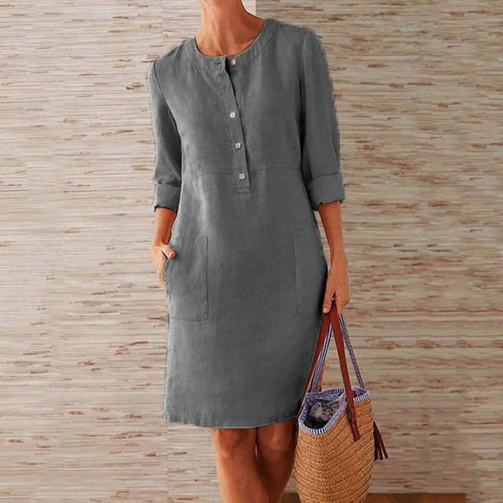 Women’s Cotton Linen Shift Dress – Button Front Knee Length Chic Dress with Pockets