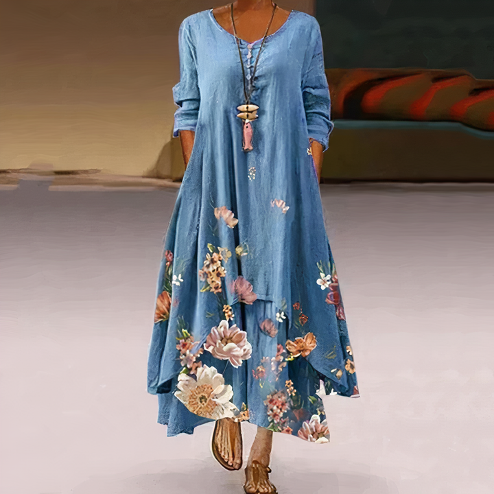 Women’s Floral Chiffon Maxi Dress – Elegant Draped Flowing Silhouette Dress