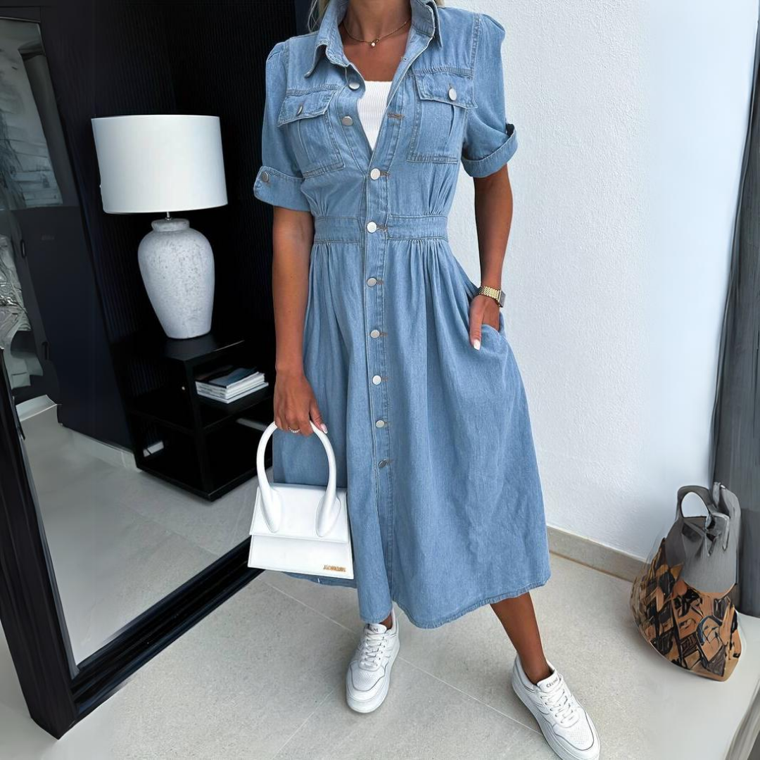 Supremely Sophisticated Buttonfront Denim With Contoured Cinched Waist Midi Dress