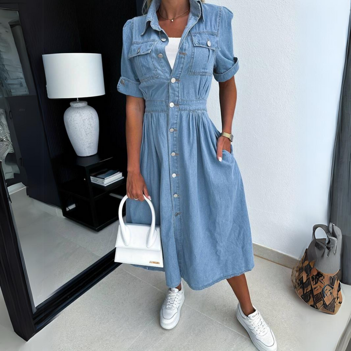 Supremely Sophisticated Buttonfront Denim With Contoured Cinched Waist Midi Dress