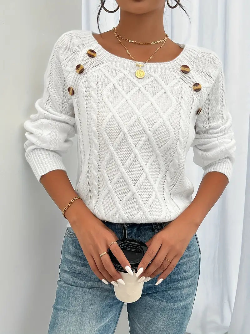 Lina - Long Sleeve Sweater with Braided Pattern, Casual Sweater with Round Neck