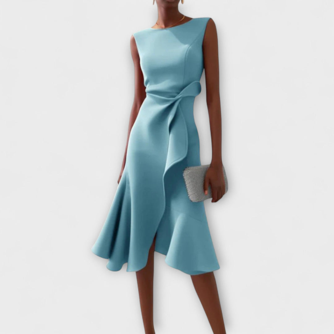 Women’s Crepe Georgette Midi Dress – Sophisticated Asymmetric Drape Sleeveless Design