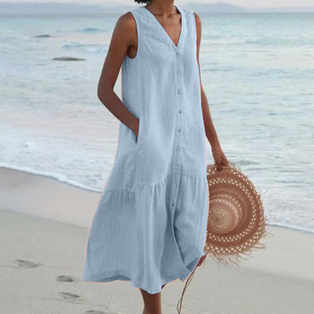 Women’s Crepe Midi Dress – Timeless Elegant Sleeveless Button Front Slimming Silhouette Dress