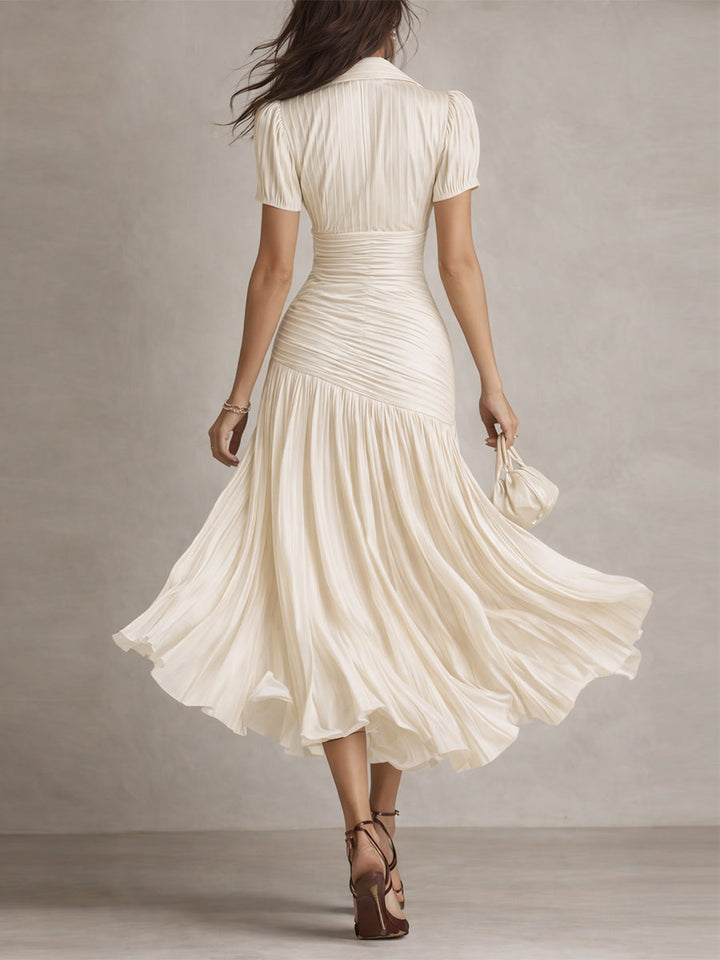 Glamorous Timeless Retro Striped Satin Pleated Silhouette Evening Luxe Midi Dress