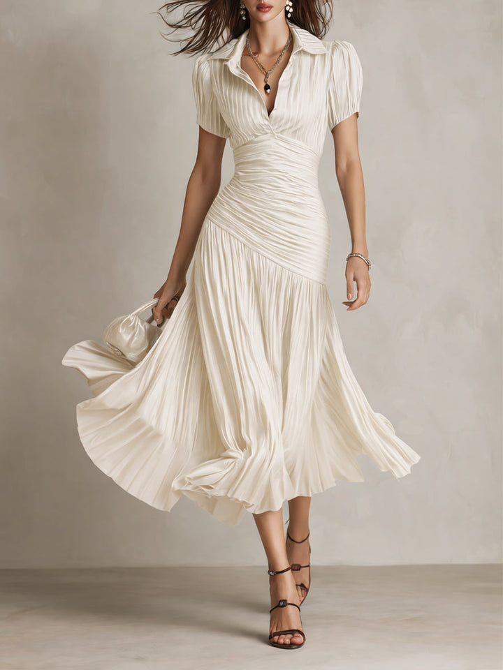 Glamorous Timeless Retro Striped Satin Pleated Silhouette Evening Luxe Midi Dress