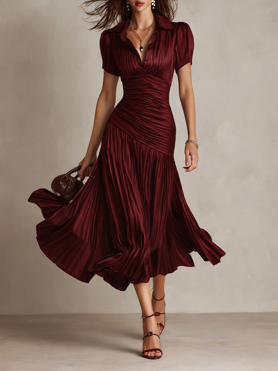 Glamorous Timeless Retro Striped Satin Pleated Silhouette Evening Luxe Midi Dress