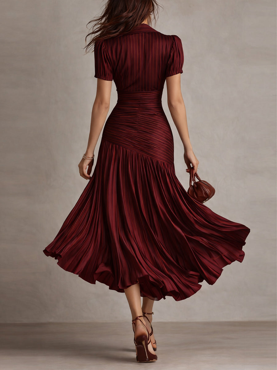 Glamorous Timeless Retro Striped Satin Pleated Silhouette Evening Luxe Midi Dress