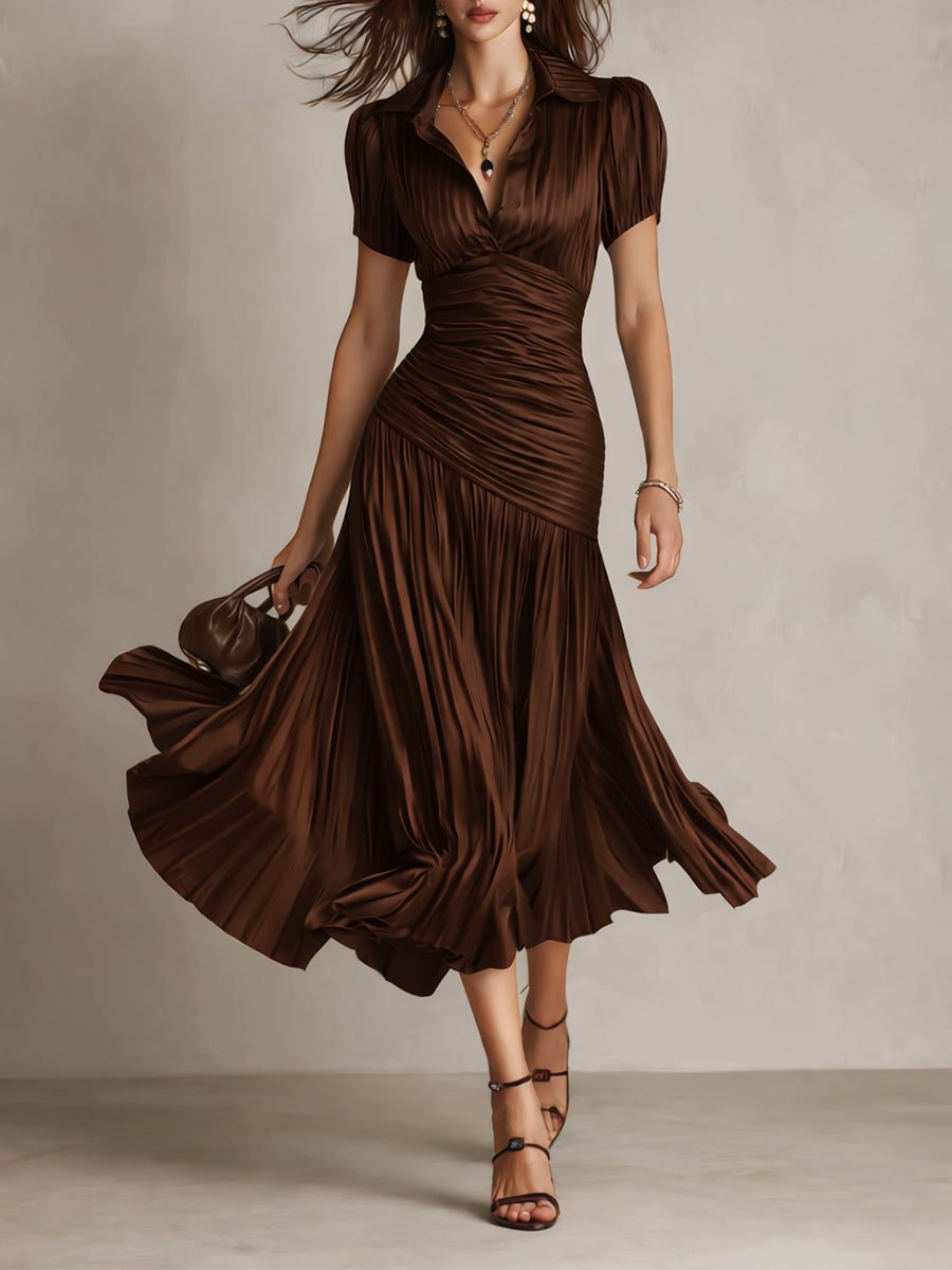 Glamorous Timeless Retro Striped Satin Pleated Silhouette Evening Luxe Midi Dress
