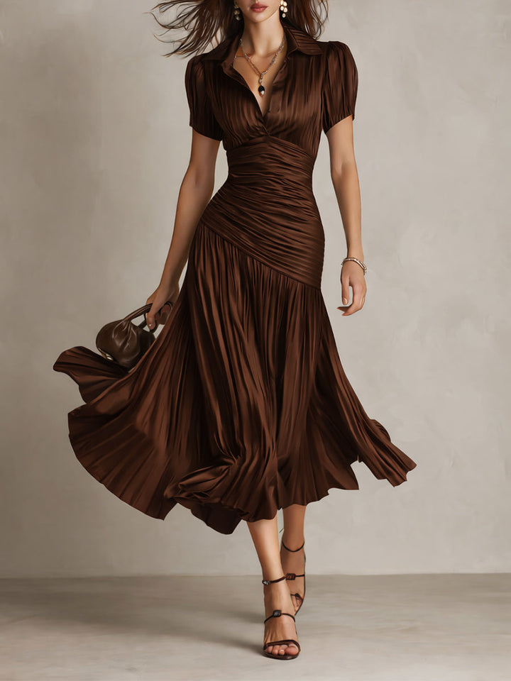 Glamorous Timeless Retro Striped Satin Pleated Silhouette Evening Luxe Midi Dress