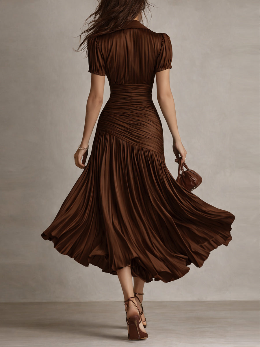 Glamorous Timeless Retro Striped Satin Pleated Silhouette Evening Luxe Midi Dress
