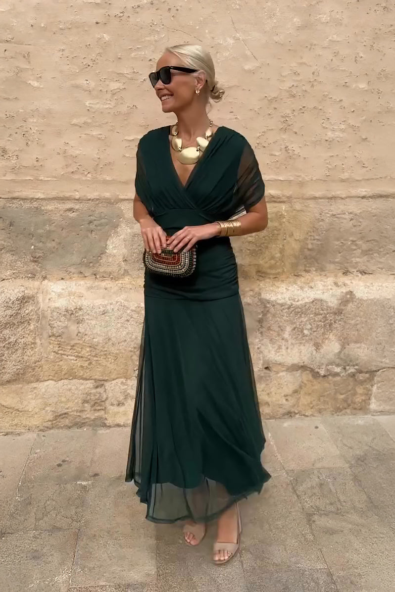 Charming Elegant V-Neck Flowing Silhouette Fantasy Printed Pleated Waist Maxi Dress