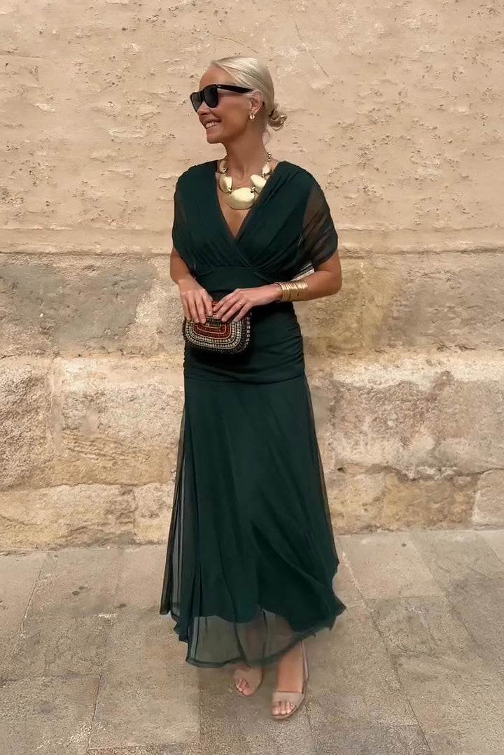 Charming Elegant V-Neck Flowing Silhouette Fantasy Printed Pleated Waist Maxi Dress