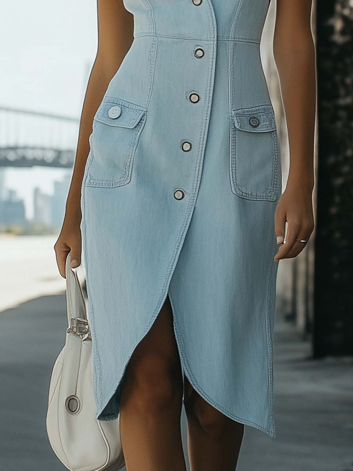 Women’s Denim Midi Dress – V-Neck Button Front Lightweight Stretch Tulip Hem Dress