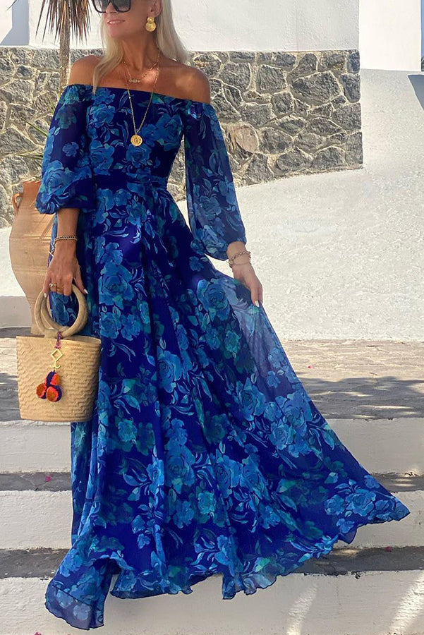 Romantic Off-Shoulder Floral Print Flowy Maxi Dress for Summer Evenings