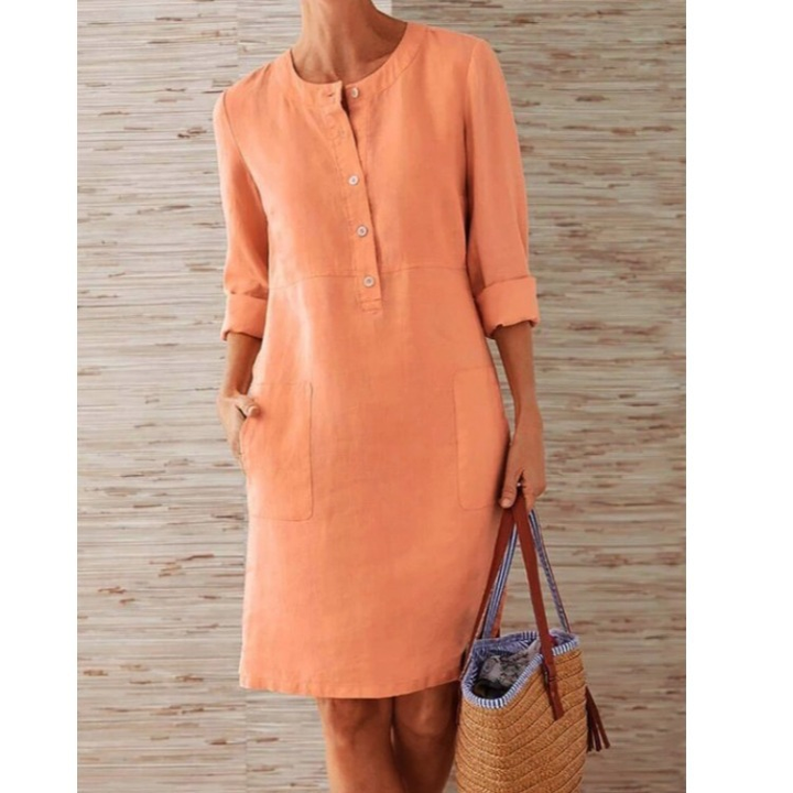Women’s Cotton Linen Shift Dress – Button Front Knee Length Chic Dress with Pockets