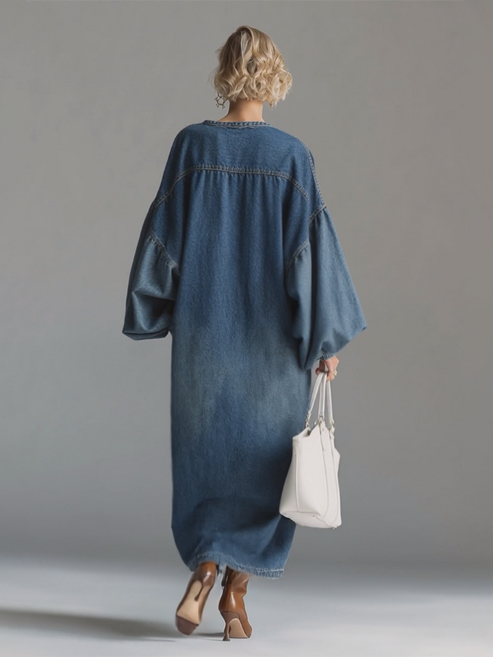 For Women Elegant Urban Blue Denim Half-Button Wide Sleeve Relaxed Fit Maxi Dress