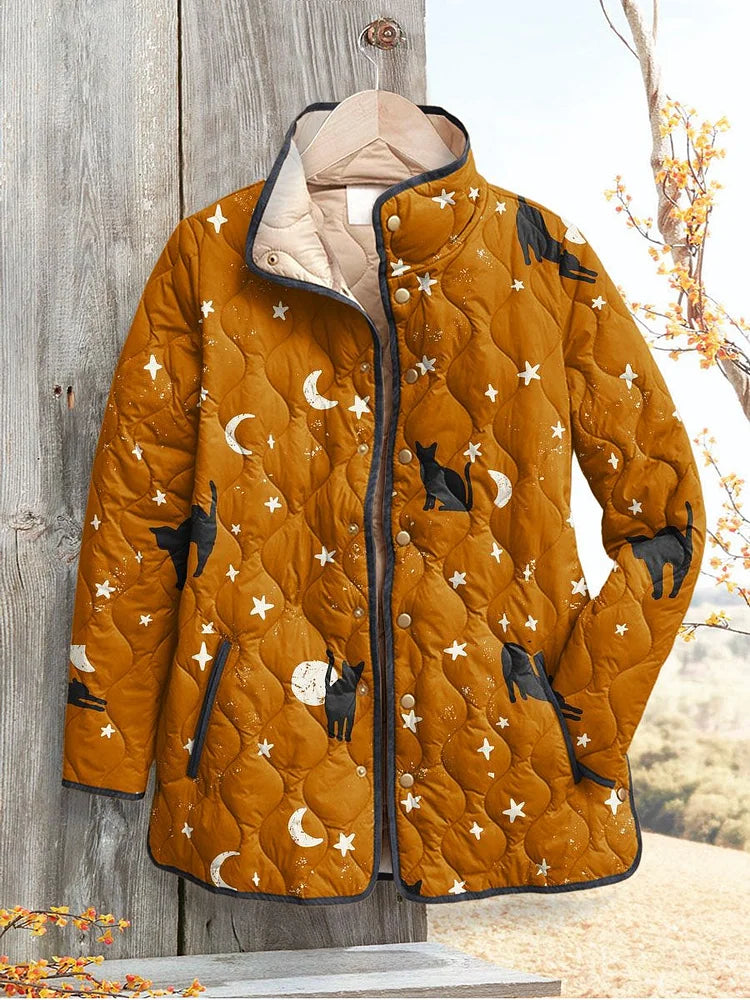 Black Cats Halloween Print Casual Padded Jacket