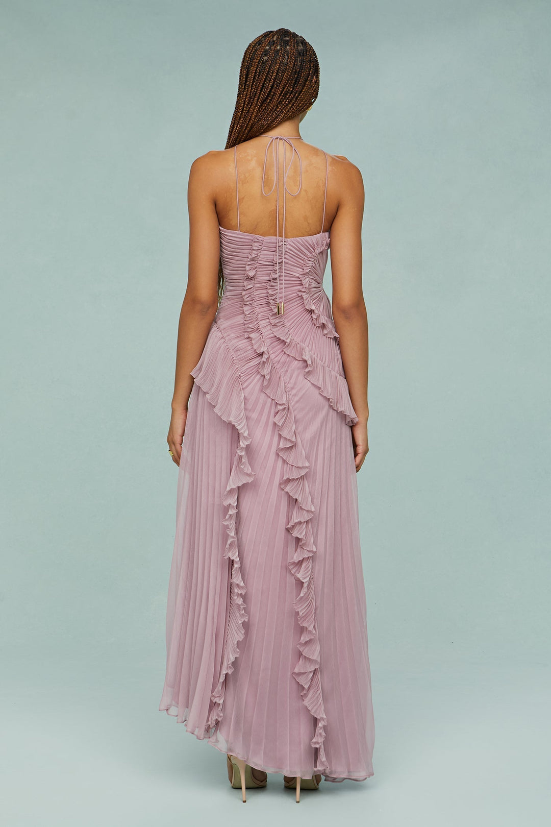 Timelessly Halter Neckline Pleated Crepe With Radiant Cascading Silhouette Dress