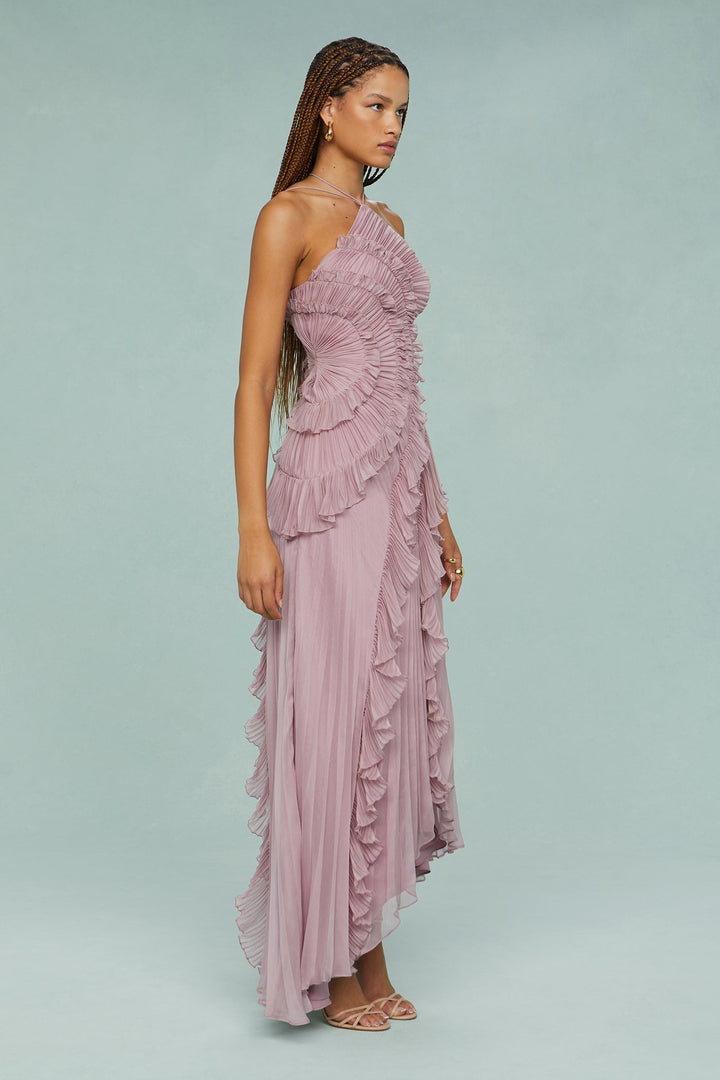 Timelessly Halter Neckline Pleated Crepe With Radiant Cascading Silhouette Dress