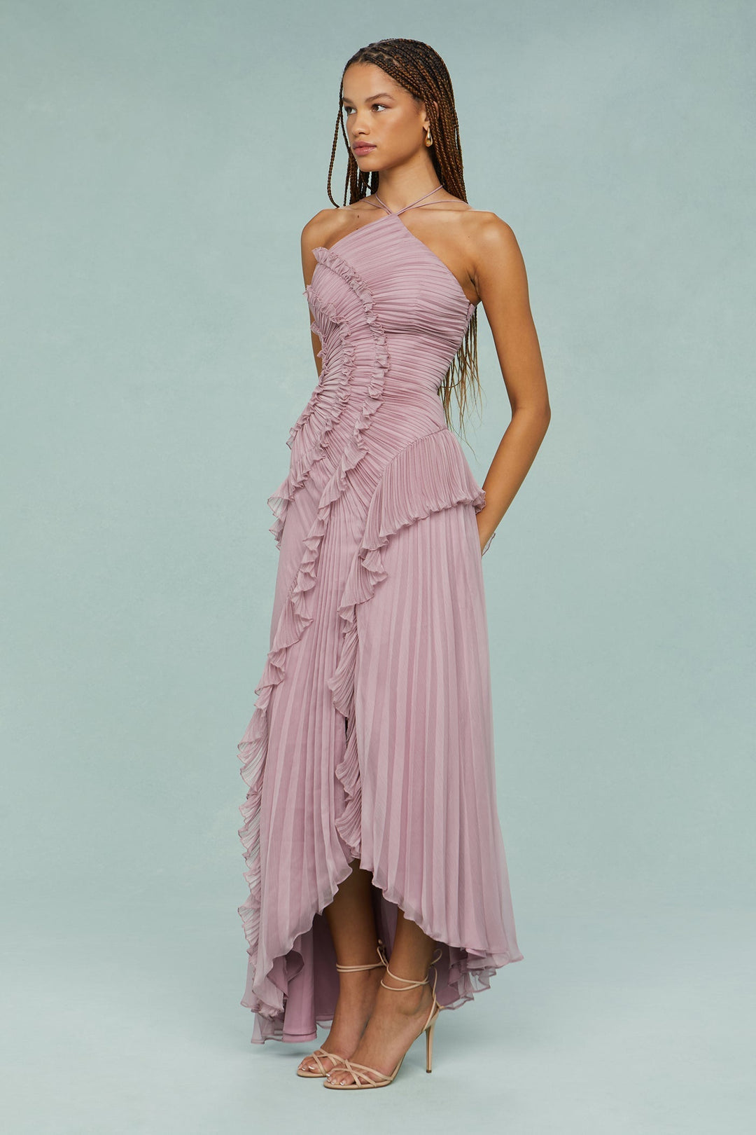 Timelessly Halter Neckline Pleated Crepe With Radiant Cascading Silhouette Dress