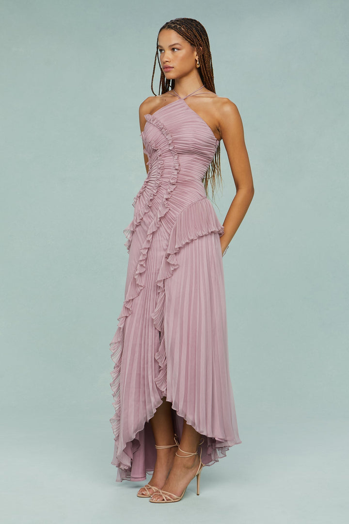 Timelessly Halter Neckline Pleated Crepe With Radiant Cascading Silhouette Dress