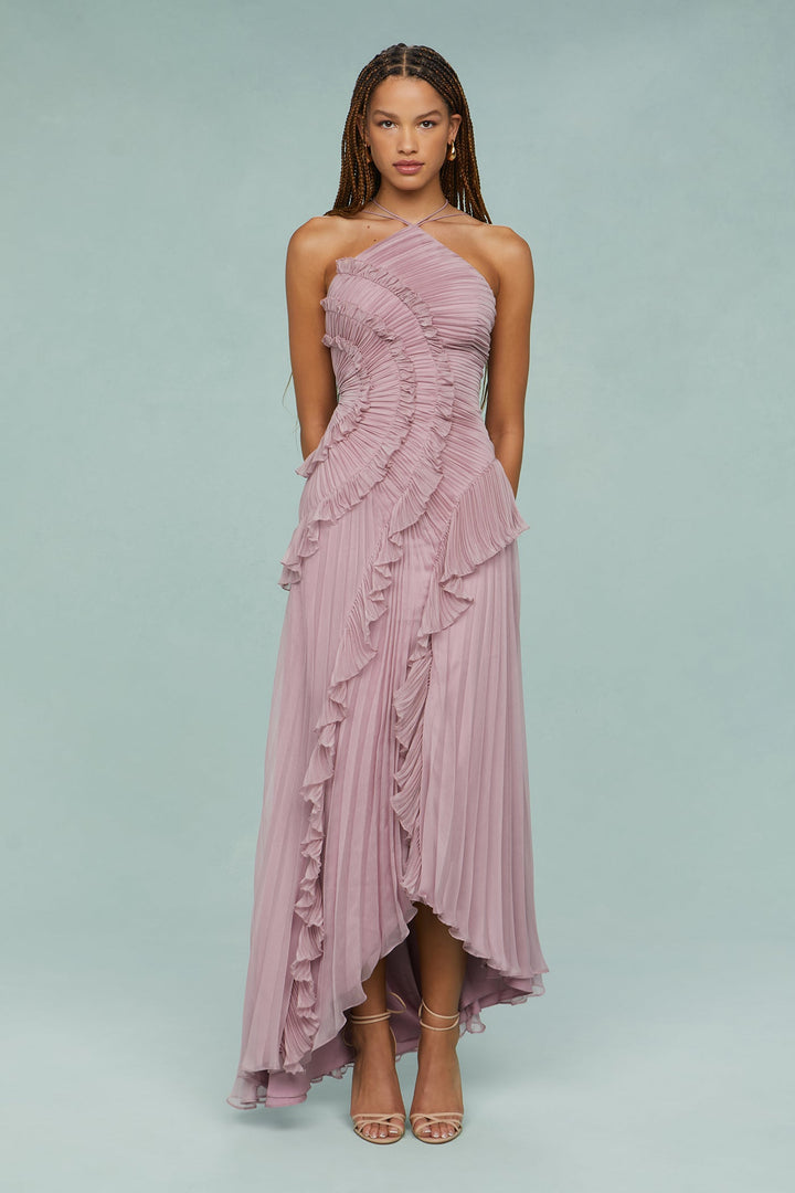 Timelessly Halter Neckline Pleated Crepe With Radiant Cascading Silhouette Dress