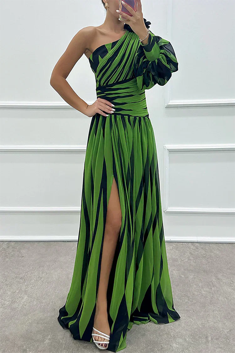 Alluring Sophisticated Pinstriped One Shoulder Sateen Weave Draped Waistline Maxi Dress