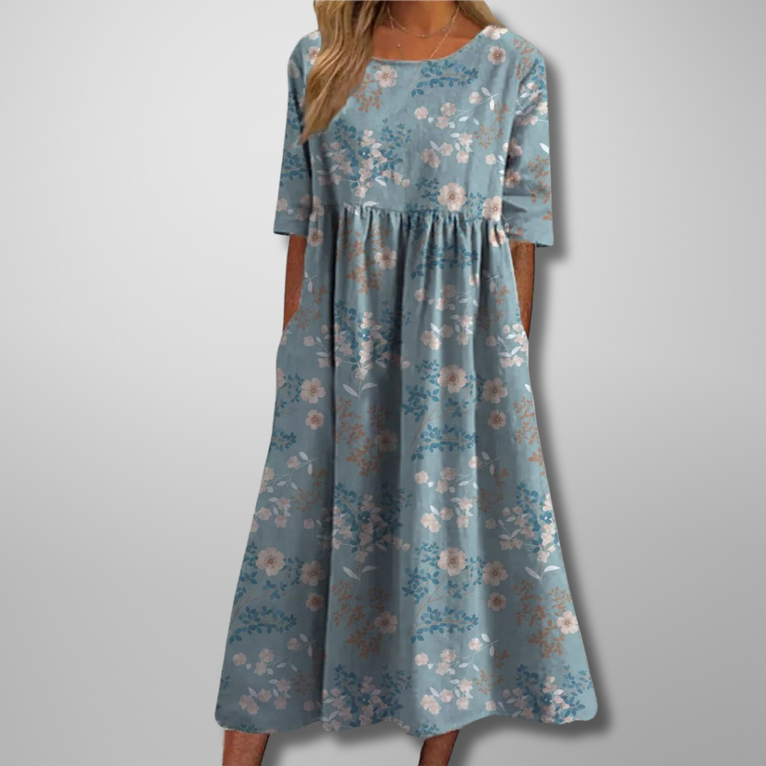 Effortlessly Sophisticated Luxurious Linen Floral Print Flowing Silhouette Midi Dress