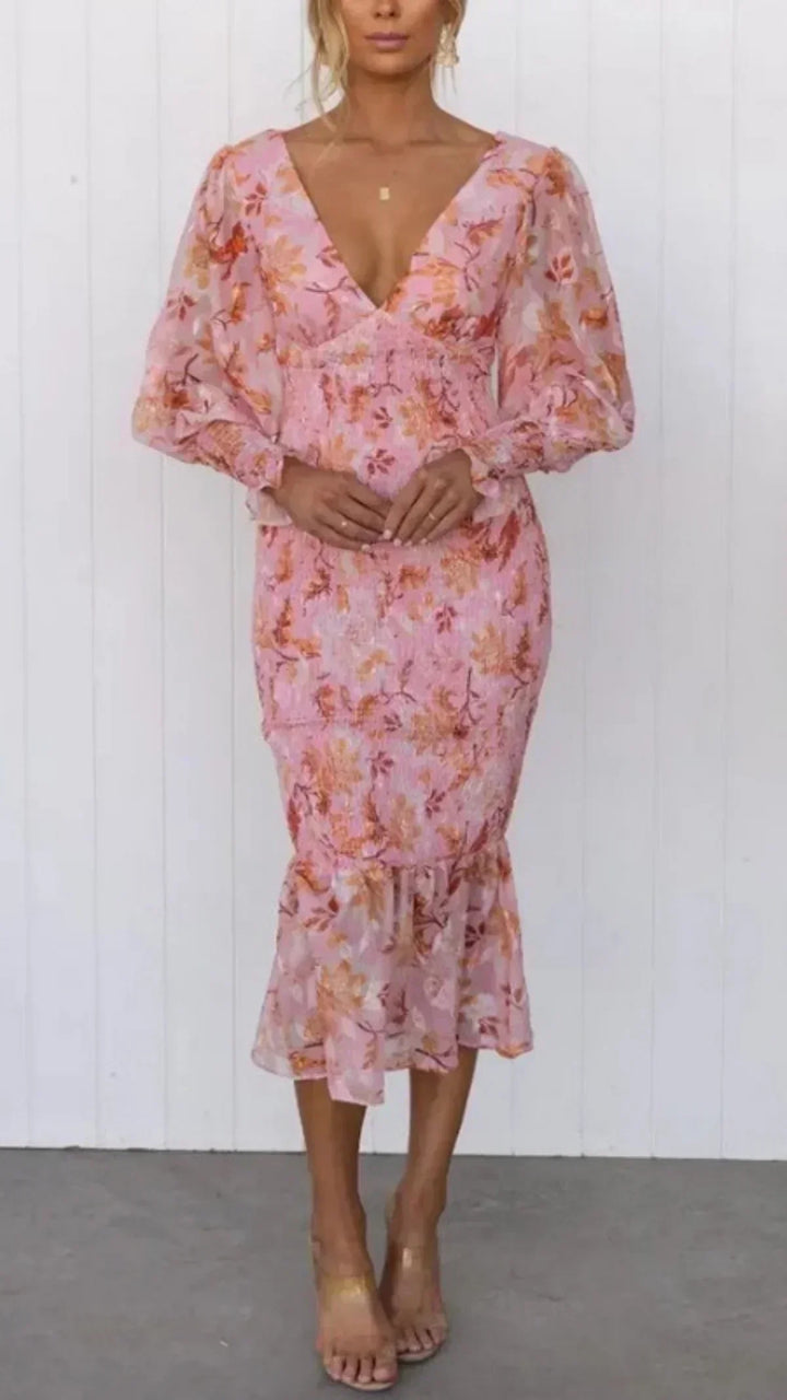 Luxuriously Exquisitely Flowing Floral Patterned Silk Evening Wedding Guest Dress