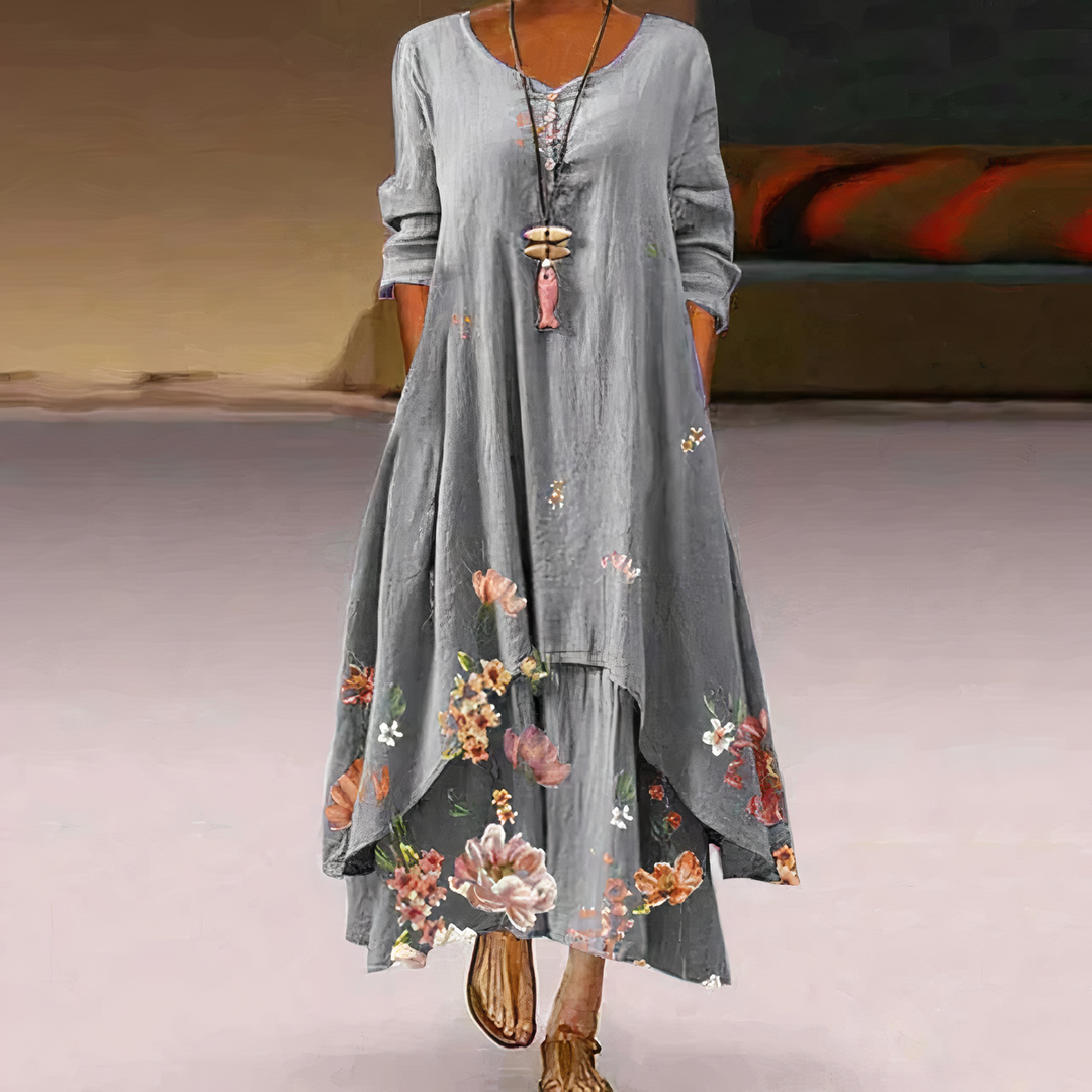 Women’s Floral Chiffon Maxi Dress – Elegant Draped Flowing Silhouette Dress