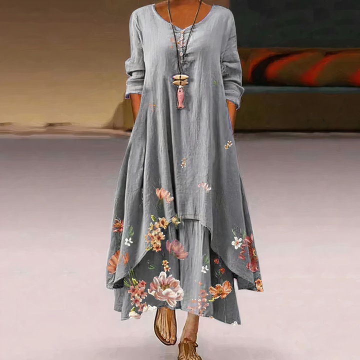 Women’s Floral Chiffon Maxi Dress – Elegant Draped Flowing Silhouette Dress