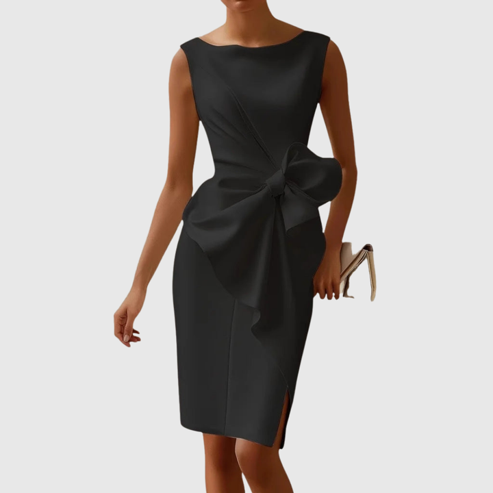 Luxurious Intricately Sculpted Bow Charmeuse Satin Cascading Draperies Midi Dress