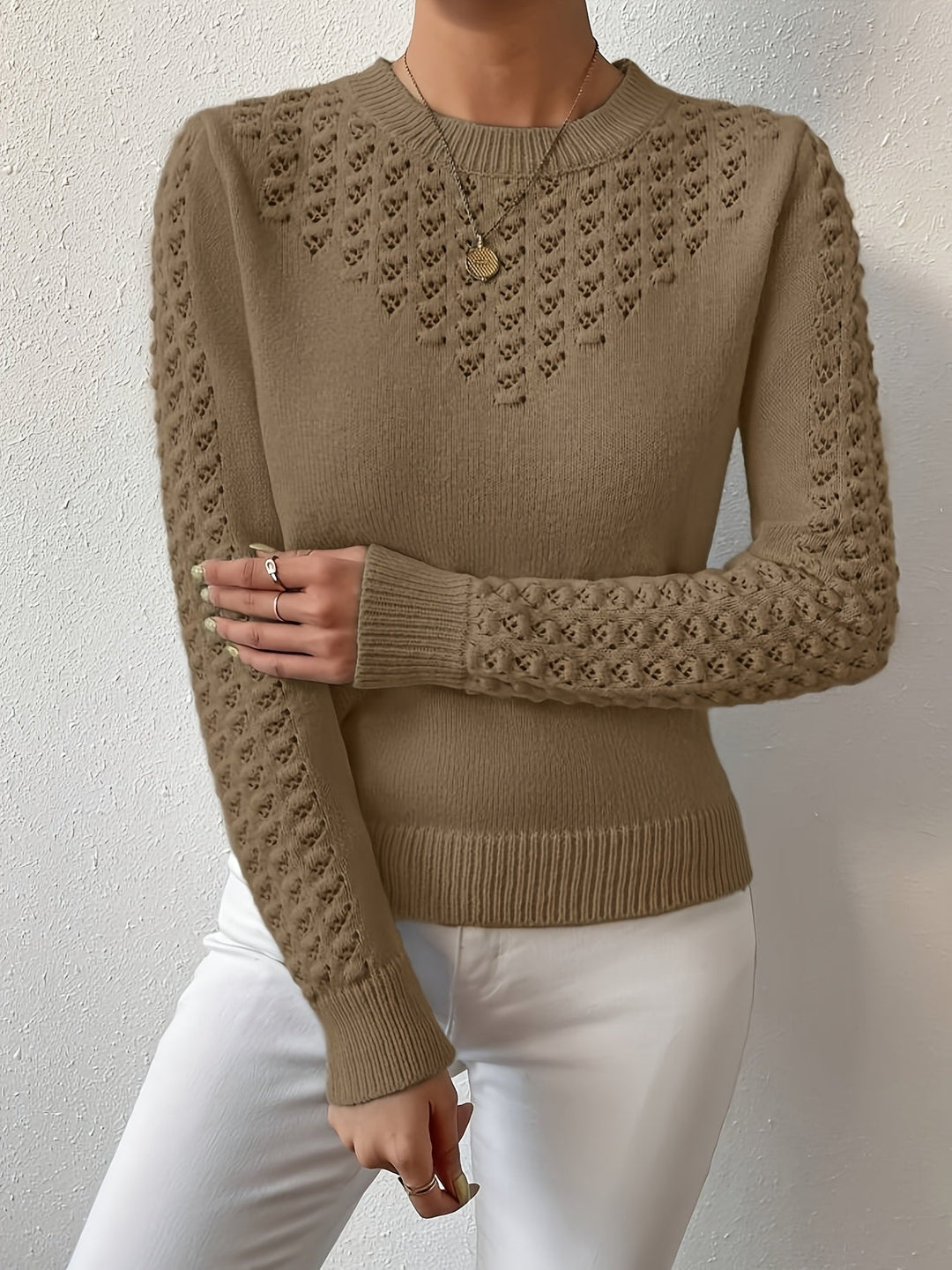 Aveline | Pointelle Knit Round Neck Sweater