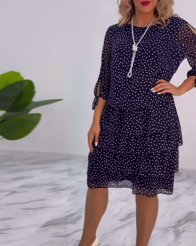 Women’s Polka Dot Chiffon Midi Dress – Navy White Tiered Elegant Three-Quarter Sleeve Dress