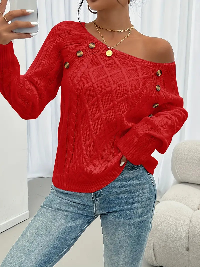 Lina - Long Sleeve Sweater with Braided Pattern, Casual Sweater with Round Neck
