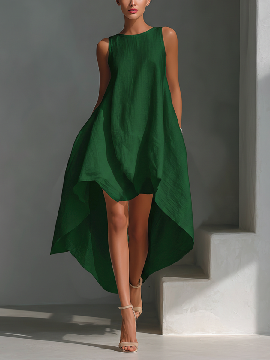 Women’s Linen Midi Dress – Sleeveless Round Neck Asymmetric Hem Elegant Dress