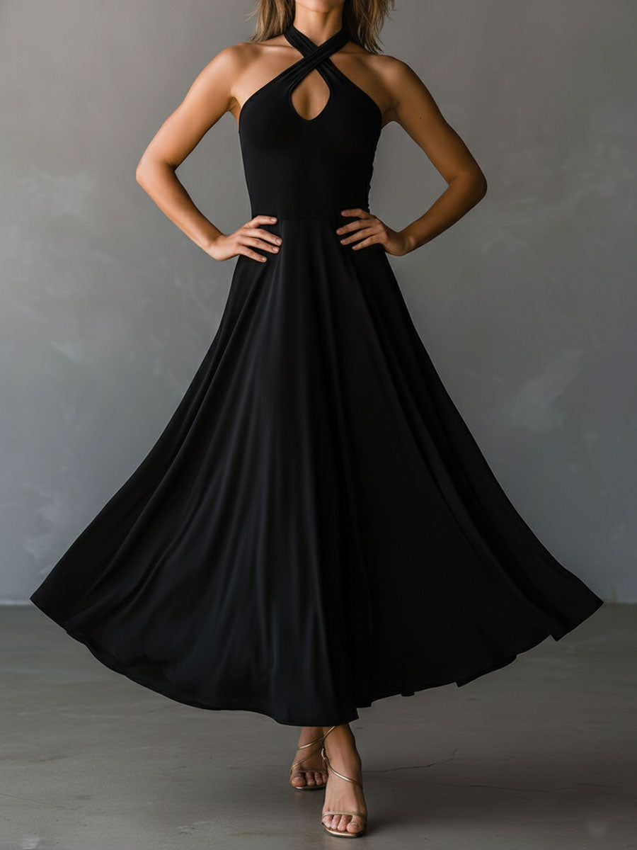 Glamorous Vintage Halter Neck Keyhole Back Black Satin Midi Dress