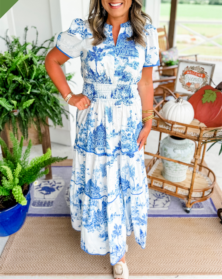 Romantic Driven Smocked Waist Evergreen Toile Print Tiered Floral Silhouette Maxi Dress
