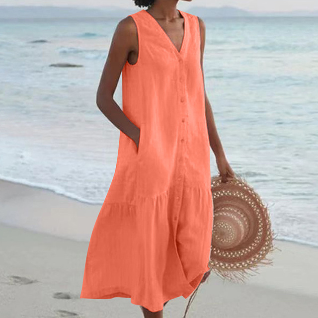 Women’s Crepe Midi Dress – Timeless Elegant Sleeveless Button Front Slimming Silhouette Dress