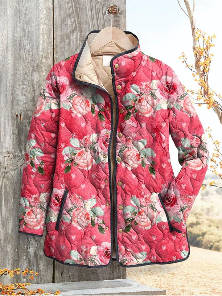 Ladies Charming Pink Floral Art Printed Casual Padded Jacket