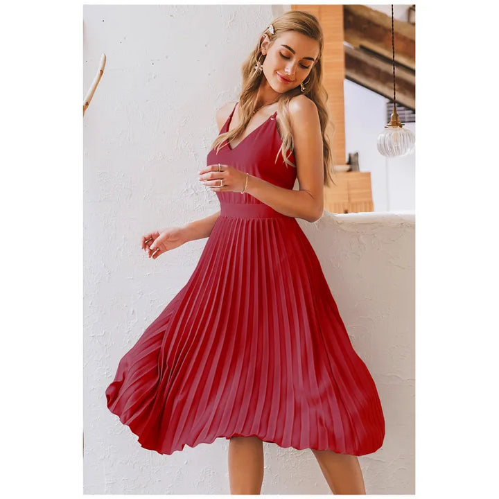 Quinn | Women's Midi Dress with V-Neck and Pleats