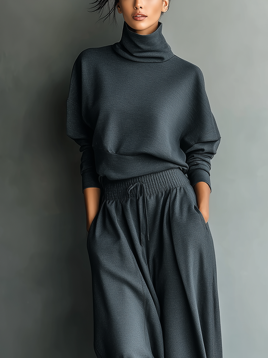 Luxurious Oversized Turtleneck Knitwear Fabric Charcoal Palazzo Wide-Leg Pants Set