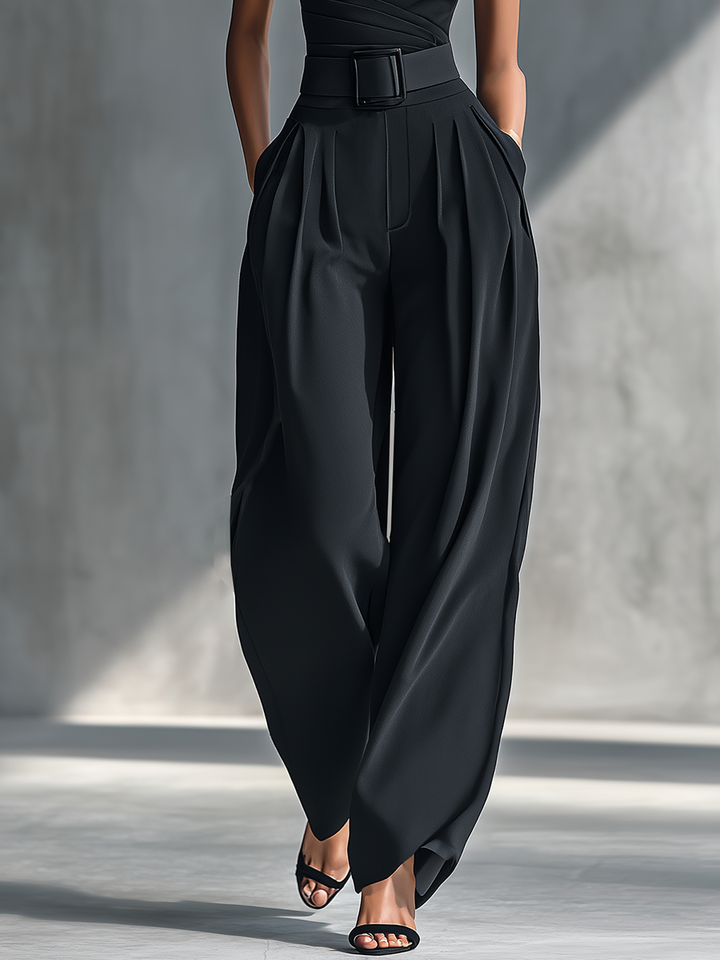 Stylish Black High-Elastic Knit Top With Comfortable Acetate Wide-Leg Pants Set