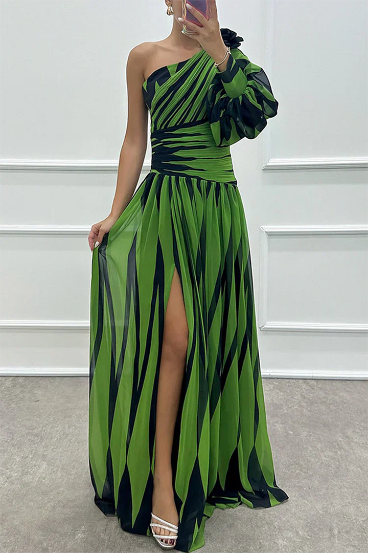 Alluring Sophisticated Pinstriped One Shoulder Sateen Weave Draped Waistline Maxi Dress