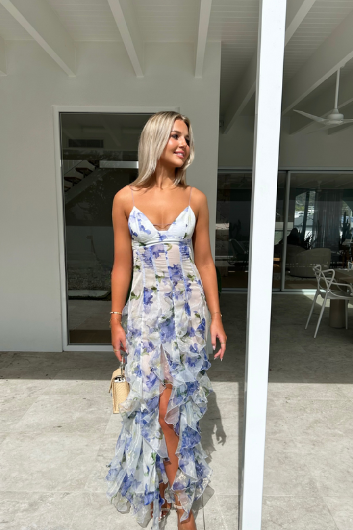 Opulent Glamorous Ruffled Tiered Floral Pattern Exquisitely Delicate Flowing Maxi Dress