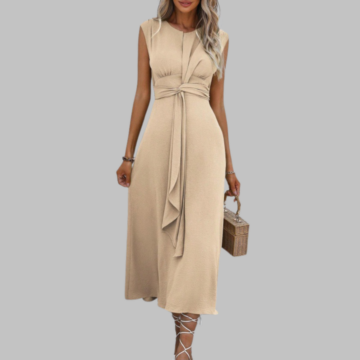 Women’s Crepe Midi Dress – Sophisticated Sleeveless Round Neck Tie Waist Belted Dress